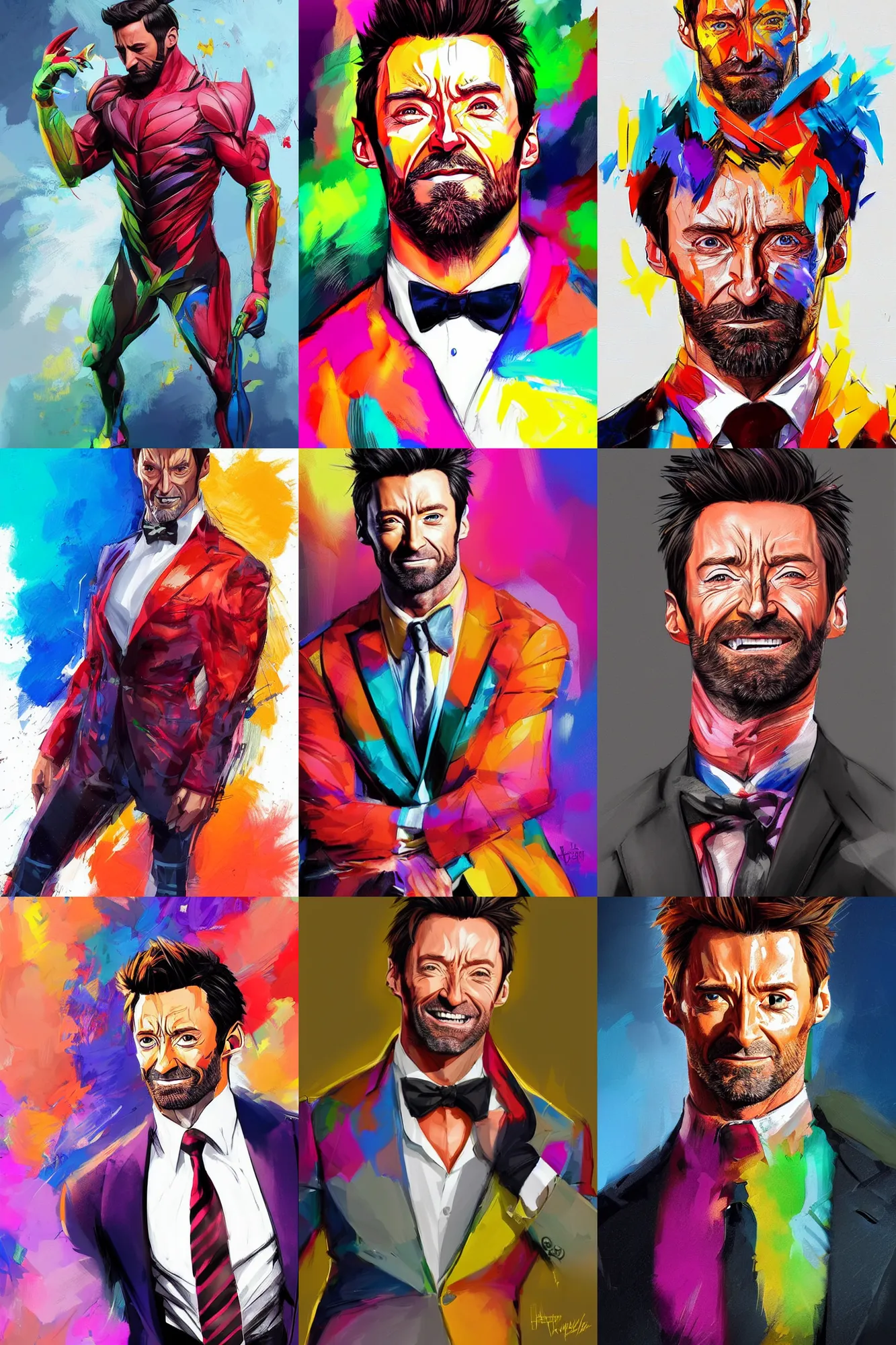 Prompt: a full body digital painting concept art portrait of hugh jackman dressed in stylish garish clothing with face and body clearly visible by artgerm and greg rutkowski, fornite, valorant, high quality, happy mood, artstation trending, vibrant colours, no crop, no helmet, no headgear, entire character, blank background, face visible, realistic proportions