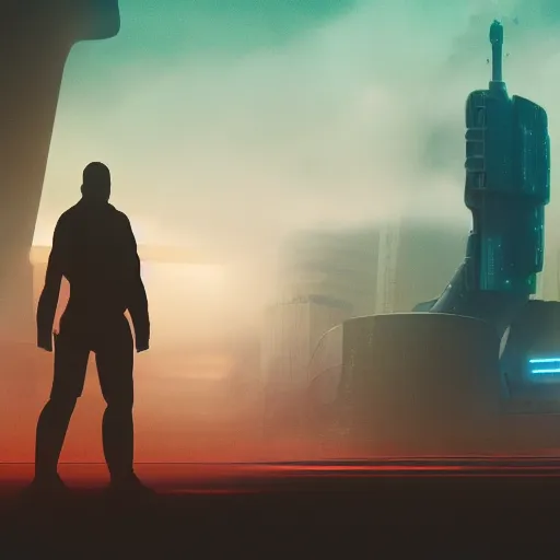 Image similar to cinematic view, giant futuristic cyberpunk spacecraft with small character silhouette in the foreground, blade runner, dense fog, bloom, cinematic contrasted lighting, ultra detailed, trending on artstation