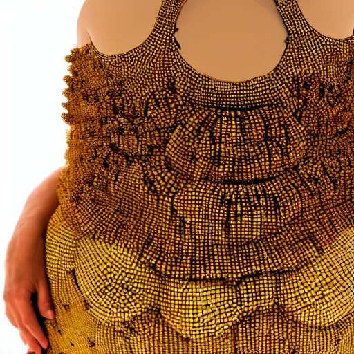 Image similar to a beautiful dress made of a real bee hive, on a mannequin. high resolution, studio lighting, closeup