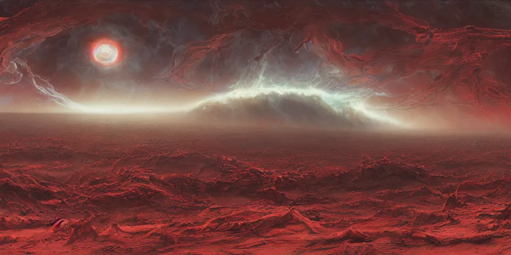 Image similar to supernova tornado, alien surface planet covered with black tree roots, red desert mars, norilsk, painted by ruan jia, raymond swanland, lawrence alma tadema, zdzislaw beksinski, norman rockwell, jack kirby, tom lovell, alex malveda, greg staples, steve mccurry