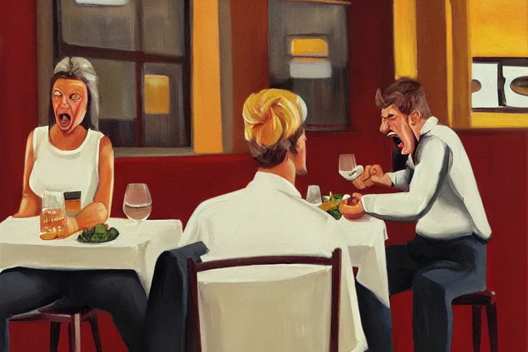 Image similar to a grumpy busser in a restaurant yells at the owner, art by dean macadam