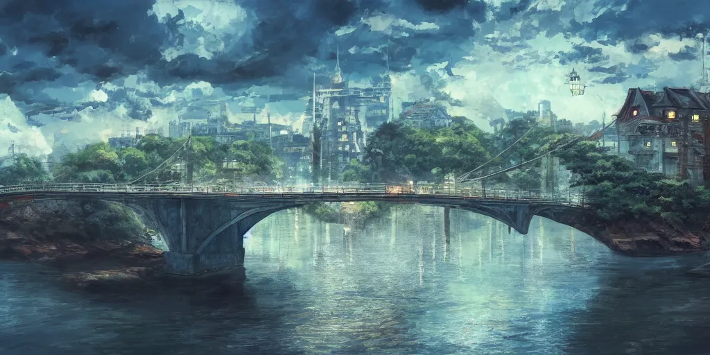 Prompt: a bridge, cinematic angle, studio Ghibli, cinematic lighting, digital art, detailed oil painting, hyperrealistic, 8k