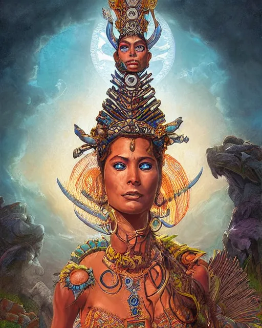 Prompt: digital painting of ixchel, mayan chief god, ruler of heaven of night and day, by filipe pagliuso and justin gerard, symmetric, fantasy, highly detailed, realistic, intricate, portrait, sharp focus, tarot card