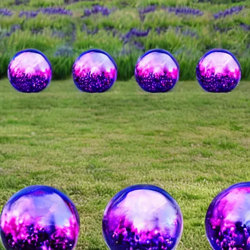 Image similar to 5 translucent luminous spheres, full of floral and berry fillings, in an ocean of lavender color