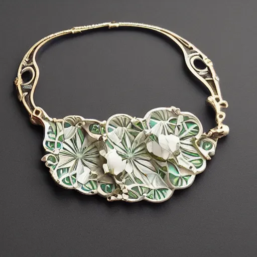 Image similar to hyperrealistic botanical artnouveau complicated constructional artnouveau patterned rene lalique jewelry