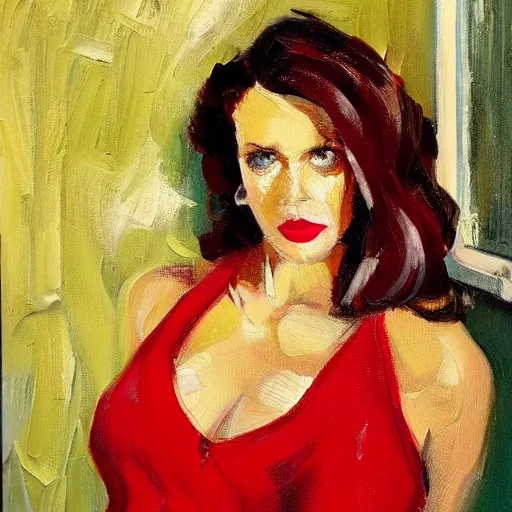 Image similar to an oil on canvas painting of a beautiful feminine woman from the 90's, red dress, leaning against the wall, 90's living room, figurative art, old computers, CRT screens, fine art, studio portrait, detailed, deviantart, cgsociety, chiaroscuro, acrylic art, by Elmer Bischoff, by Michael Garmash, by Edward Hopper