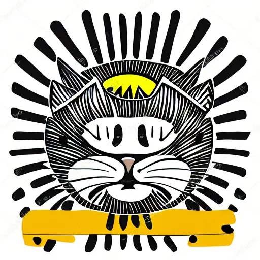 Image similar to tattoo sketch of a cat hugging the sun, on a yellow paper, maori ornament, minimalism, vector