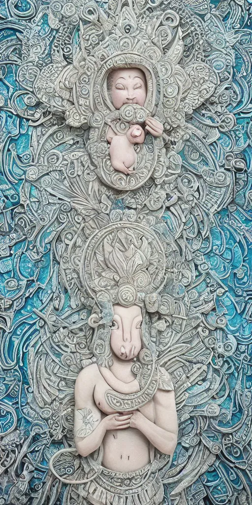 Prompt: intricate colourfully painted carved Soapstone relief paneling, white and pale blue , celestial, piggy, pig goddess, mother earth, Earth Goddess mythology, Gaia, angels, divinity, Ghostly, crystaline celtic, insanly detailed , artstation, wallpaper, hyper realistic, realistic lighting