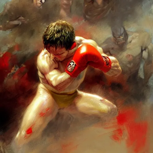 Prompt: a beautiful painting the grim reaoer fist - fighting satan in a boxing ring, rendered art, highly detailed painting by gaston bussiere, craig mullins, j. c. leyendecker 8 k, trending on artstation, art, fighting, watercolor