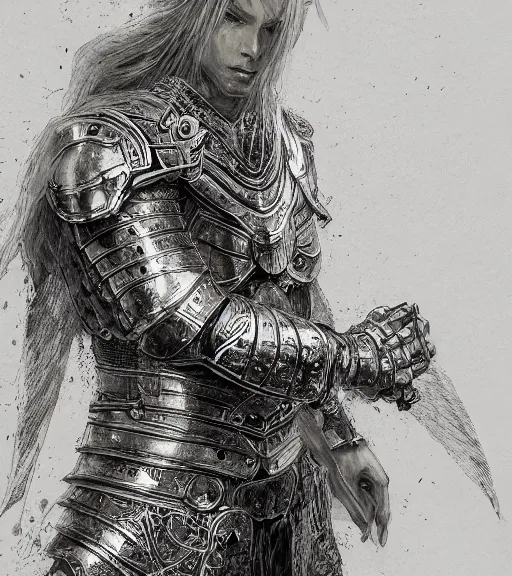 Image similar to portrait of long hair blond man in armor, pen and ink, intricate line drawings, by craig mullins, ruan jia, kentaro miura, greg rutkowski, loundraw