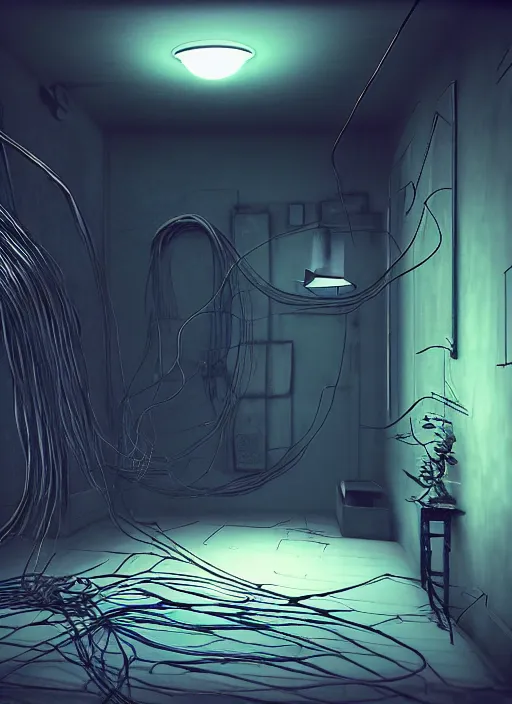 Prompt: rgb wires, basement, cinematic, movie scene, inspired by zdzislaw beksinski, veins,, cables everywhere, bedroom, ultra realistic, concept art, intricate details, highly detailed, photorealistic, octane render, 8 k