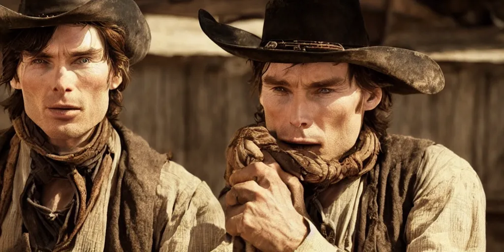 Prompt: rugged bandit cillian murphy in the old west, choking a cowboy, volumetric lighting, cinematic, dark, grim. directed by coen brothers.