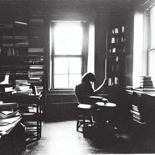 Image similar to 1880, inside a female writer room, Remington typewriter, many plants, many books, piles of books, beautiful light, long shadows, 50 mm lens, crackles, scratches, dust, stains