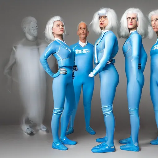 Image similar to troop of athletic humans with white hair wearing tight light blue latex suits, in formation, futuristic chemistry lab, sci - fi, highly detailed, hyperrealistic