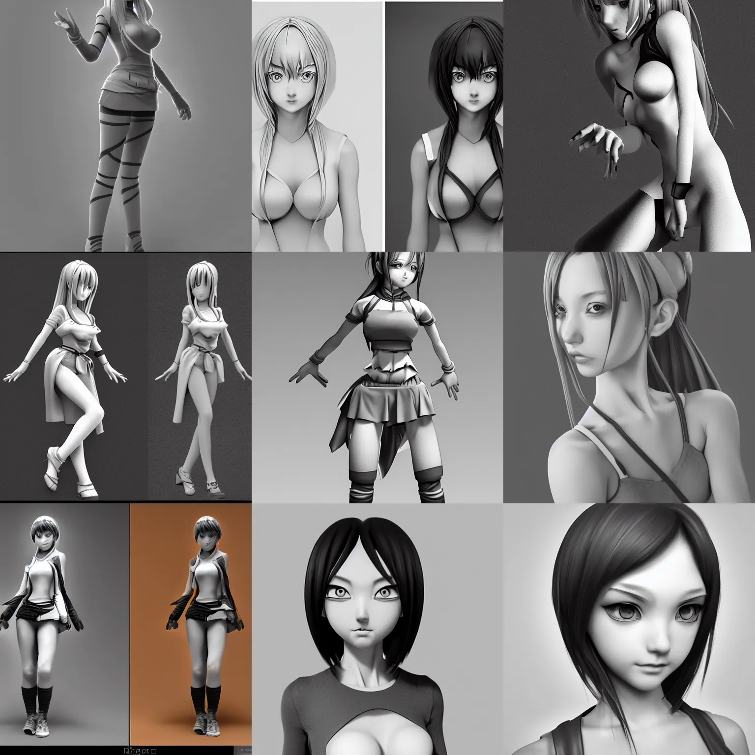 Prompt: 3 d, bright greyscale ambient occlusion paining of a stylized standing anime girl, nurzhan bekkaliyev, akira toriyama