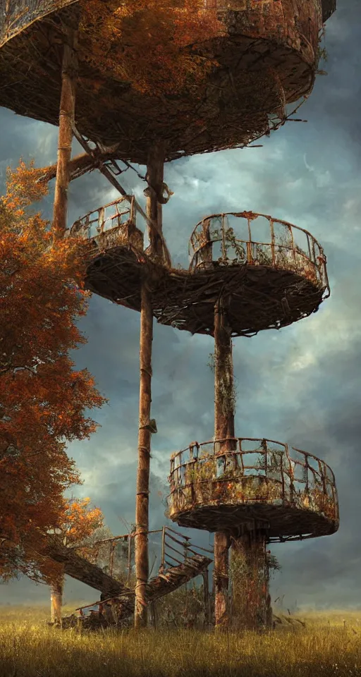 Image similar to tree house on a rusty broken building constructions of a giant upside - down spiral edgy staircase, leading to the sky, the ruins, in the steppe, autumn field, misty background, from the game pathologic 2, highly detailed, sharp focus, matte painting, by isaac levitan and asher brown durand,