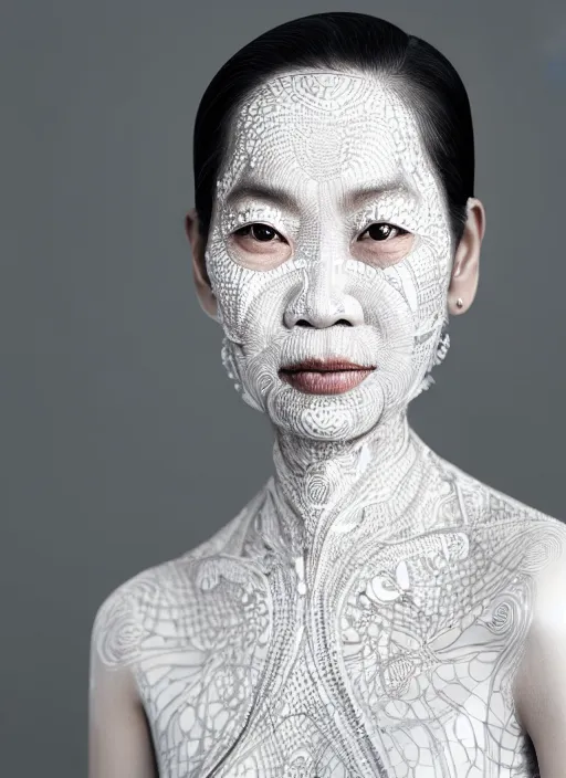 Prompt: a happy middle aged thai woman with reflections in her eyes and slicked hair, painted with intricate white paint pattern, asymmetrical, clear skin, futuristic, elegant, graceful, fashionable, cinematic, hyperdetailed illustration by irakli nadar and alexandre ferra, depth of field, global illumination,