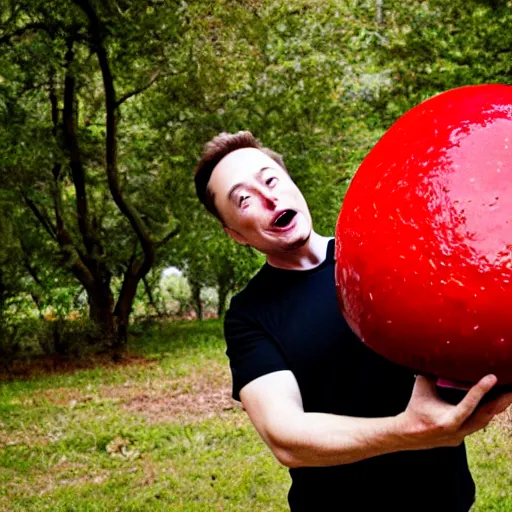 Prompt: photo of elon musk finding a giant red mushroom, exhilarated, portrait, closeup. mouth open, 30mm, bokeh