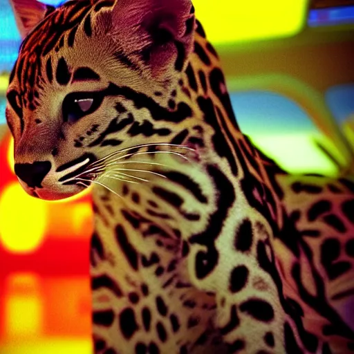 Image similar to profile shot of a neon ocelot, city lights, strong bokeh, dramatic, cinematic, high contrast, octane render, 4k