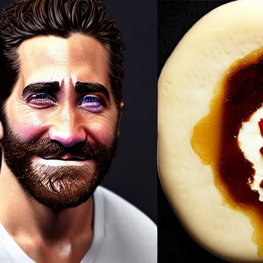 Prompt: dish of jake gyllenhaal's face fused with halloumi cheese ( ( white halloumi cheese hybrid with jake gyllenhaal face ) ), jake gyllenhaal sentient cheese man, by greg rutkowski
