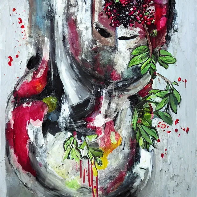 Prompt: “ a portrait in a female art student ’ s apartment, a berry and a big diamond, skyscraper, pork, a whole pomegranate, art supplies, paint tubes, palette knife, pigs, ikebana, herbs, a candle dripping white wax, squashed berries, acrylic and spray paint and oilstick on canvas, surrealism, neoexpressionism ”