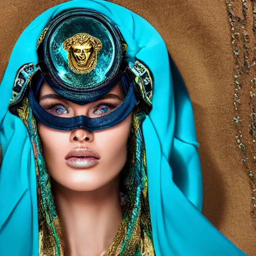 Image similar to An editorial up close macro photo portrait 105mm f2.8 in of a Versace woman model with a Turquoise ornate reflective helmet mask and scarf standing in sand dunes the style of highly detailed David Lachapelle