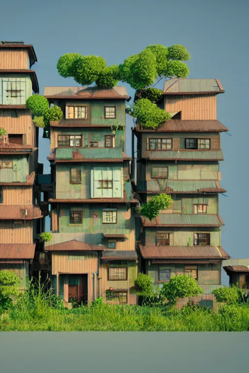 Image similar to stacked houses, solarpunk, studio ghibli, octane render, 4 k