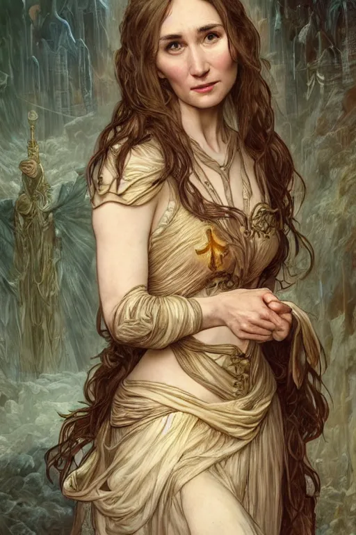 Image similar to carice van houten as a fire priest, anatomy, cute, fantasy, intricate, elegant, highly detailed, digital painting, 4 k, hdr, concept art, smooth, sharp focus, illustration, art by artgerm and h r giger and alphonse mucha