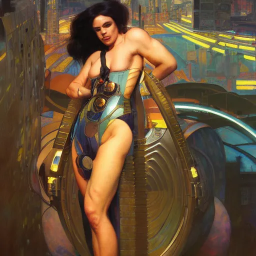 Image similar to cyberpunk woman | muscular | hyperrealistic | lush background | sci fi environment | action pose | digital painting | trending on artstation | pinup portrait | clean | illustration | dressed | unreal engine 5 | 8 k resolution | by greg rutkowski alphonse mucha gustav klimt and mel ramos