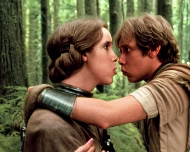 Image similar to luke skywalker, princess leia and han solo hugging and kissing in the forest of endor at the end of return of the jedi, faster, more intense