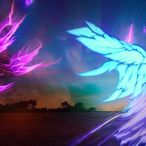 Prompt: a burning Phoenix with trail of blue fire by it's tail, purple fire aura, Aurora sky, nighttime, octane render, detailed picture, illustration, Ray tracing reflection,