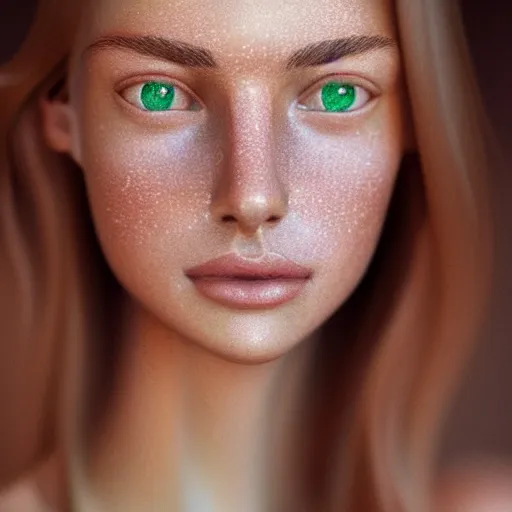 Image similar to intricate beautiful portrait of a cute thin young woman, light bronze brown hair, very detailed emerald green eyes, red blush, light freckles, soft smile, casual clothes, relaxing on the couch, home interior, golden hour, close up shot, 8 k, hyperreal art by irakli nadar, hyperrealism, hyperdetailed, ultra realistic