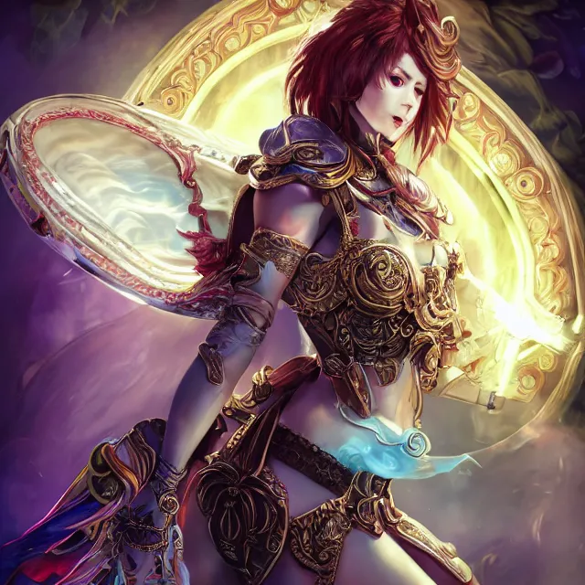 Image similar to studio portrait of lawful good colorful female holy shield paladin as absurdly beautiful, elegant, young sensual gravure idol, ultrafine hyperrealistic detailed face illustration by kim jung gi, irakli nadar, intricate linework, sharp focus, bright colors, matte, octopath traveler, final fantasy, unreal engine highly rendered, global illumination, radiant light, intricate environment