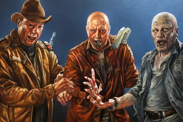 Prompt: portrait of tom atkins and donald pleasents fighting a zombie, an oil painting by ross tran and thomas kincade