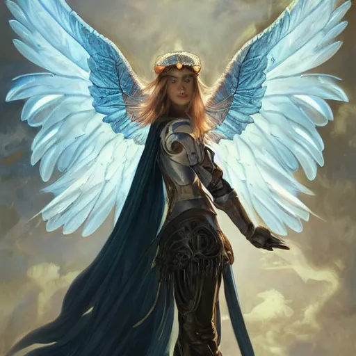 Prompt: portrait of young aasimar angel girl maiden wearing comfy leather armor with beautiful feathered angel wings, brown eyes, by artgerm and greg rutkowski and alphonse mucha and andrei riabovitchev and Rossdraws and Bluesssatan and Mandy Jurgens and Stjepan Sejic, 4k oil on linen, vivid colors, colorful, photorealistic, high dynamic range, HDR, intricate, elegant, highly detailed, digital painting, artstation, concept art, smooth, sharp focus, illustration, mid-shot, medium shot, hyperdetailed