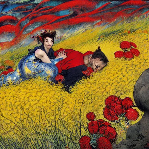 Prompt: two people in red desert captured by massive intricate mystical roots of in a sea of yellow flowers, surrounded by swirls of prickly flowers, dramatic, highly detailed, intricate, surreal, painting by Franz Marc, part by Yoji Shinkawa, part by Norman Rockwell