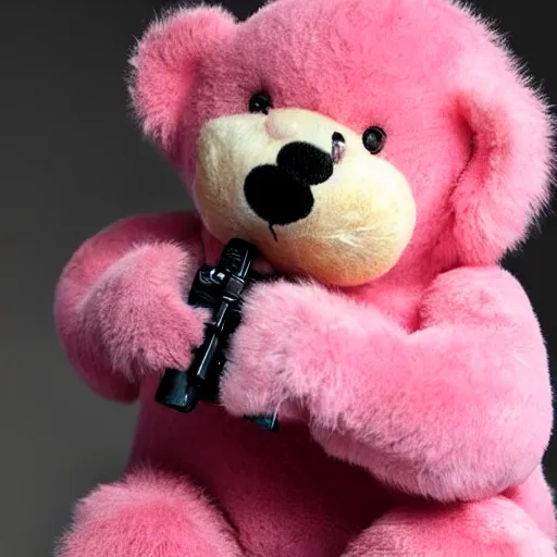 Prompt: pink fluffy teddy bear holding machine gun, with scars, studio lighting, real photograph