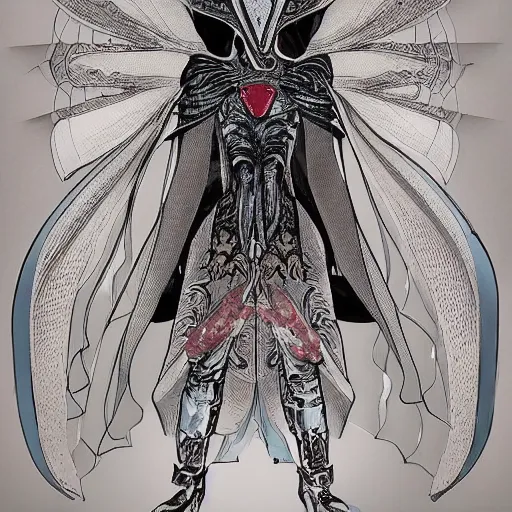 Image similar to beautiful portrait of the masked queen, phyrexian god, beautiful futuristic cape, elegant, ornamental armor, intricate, in the style of moebius