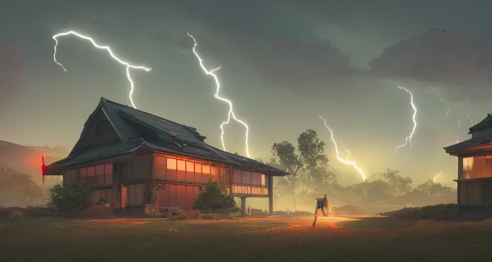 Prompt: Landscape with GIANT lightning bolt striking a Japanese house, center composition, cinematic, rendered by simon stålenhag, rendered by Beeple, Makoto Shinkai, syd meade, environment concept, digital art, starwars, unreal engine, 3 point perspective, WLOP, trending on artstation, low level, 4K UHD image, octane render,