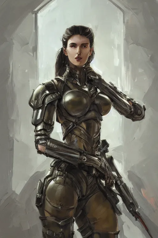 Image similar to a professionally painted portrait of an attractive young woman, clothed in military armor, olive skin, long dark hair, beautiful bone structure, symmetrical facial features, intricate, elegant, digital painting, trending on Artstation, concept art, smooth, sharp focus, illustration, from Metal Gear by Ruan Jia and Mandy Jurgens and Artgerm and William-Adolphe Bouguerea, award winning