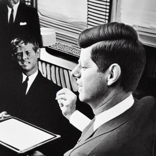 Image similar to 1 9 7 0 s vintage photograph of john f kennedy using an ipad, very detailed, very intricate,