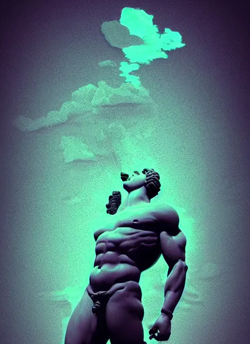 Image similar to statue of hercules, beeple, vaporwave, retrowave, abstract neon shapes, black background, glitch, pixel sorting, strong contrast, pinterest, trending on artstation