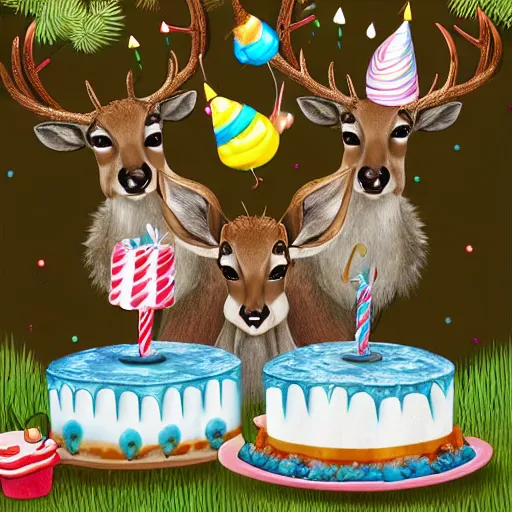 Image similar to three deers having a cool birthday party, photorealistic, highly detailed