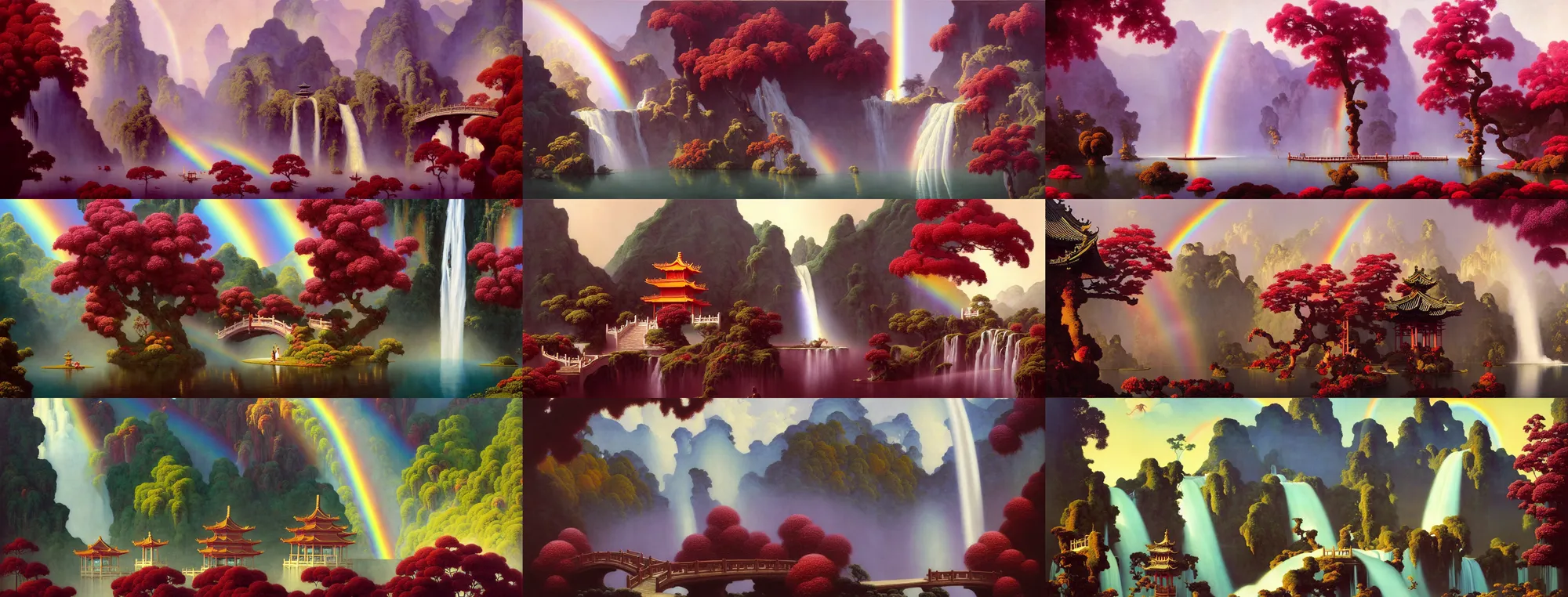 Image similar to a gorgeous painting by barlowe wayne, maxfield parrish and marco mazzoni. xanadu chinese temple on a platform that extends over a great waterfall, a huge tallest magnificent peach blossom tree glowing, maroon leaves, bridge, 3 d, octane render, lotus flower lake, waterfall. fog, just one rainbow. 8 k.