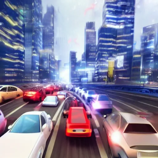 Image similar to very angry drivers on a traffic jam, futuristic city