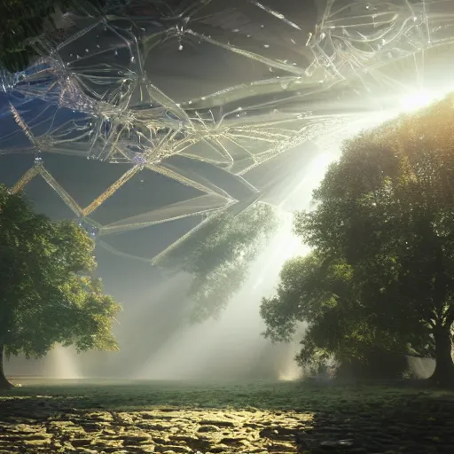 Image similar to cyber tectonic organic mystical megastructure luminous crystal architectures in the sky like the tree of life, by albert bierstadt, by glen small, by giovanni battista piranesi, photorealistic, god rays, octane render, depth of field, volumetric light, volumetric fog, holy spirit, jazz, flow, harmony, groove, peace, love