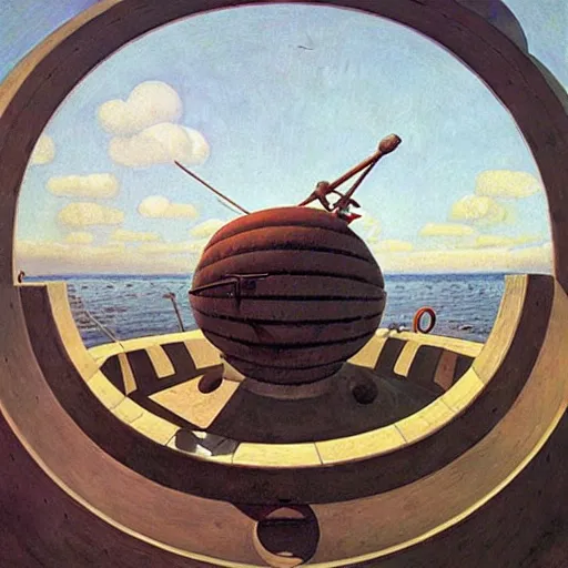 Image similar to giant bathysphere interior, portholes, comedic, dystopian, grant wood, pj crook, edward hopper, oil on canvas