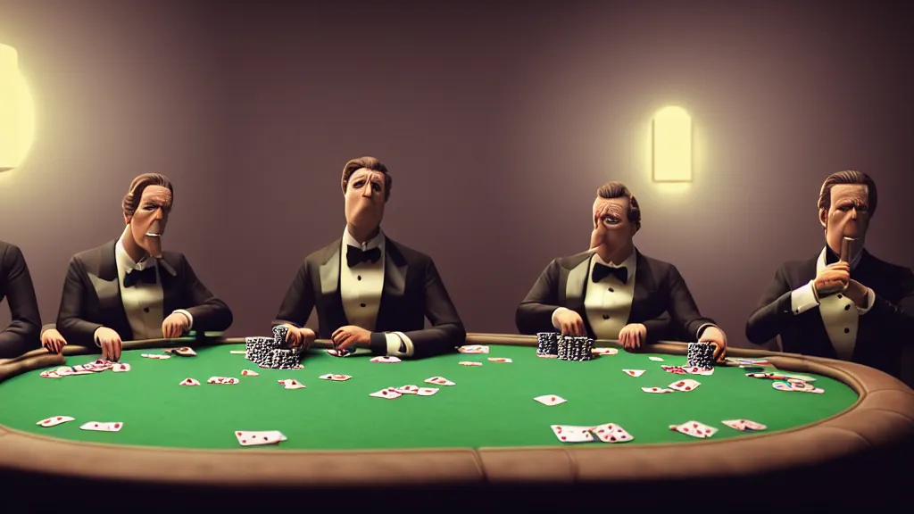 Image similar to hyperrealism simulation highly detailed human turtles'wearing detailed tuxedos and smoking, playing poker in surreal scene from art house movie from future by wes anderson and denis villeneuve and mike winkelmann rendered in blender and octane render