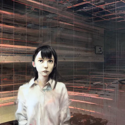 Prompt: portrait of lain iwakura connected to a room full of cables computers and displays by ruan jia and joao ruas. atmospheric