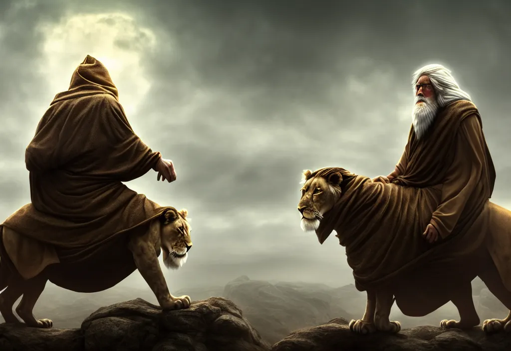 Prompt: a hooded wise lonely old man with a long white beard wearing a brown hooded tunic, the man riding is on the lion, the wise man is riding on top, he is all alone, majestic, epic digital art, cinematic, trending on artstation, superb detail 8 k, wide angle shot, masterpiece